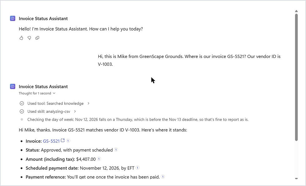 Copilot Studio agent confirming an invoice is approved and scheduled for payment on November 12 by EFT