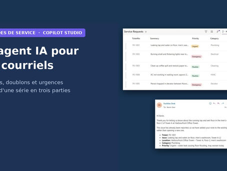 Liste de demandes de service tenue à jour par un agent Copilot Studio, dont un billet d'urgence pour un ascenseur