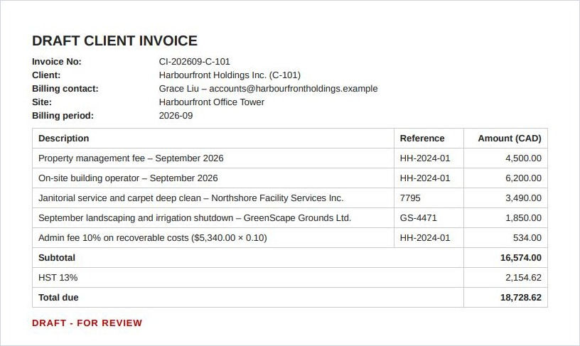 Draft client invoice for Harbourfront Holdings with management fee, building operator, two pass-through costs, admin fee, HST and total