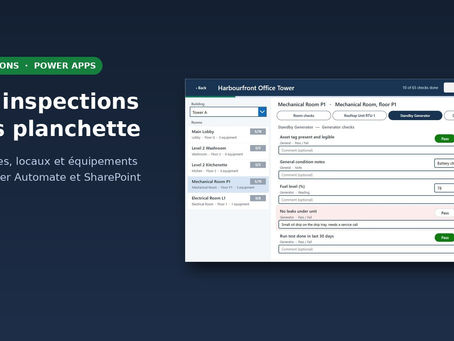 Écran d'accueil d'une application Power Apps d'inspection de sites avec les inspections en retard et à venir