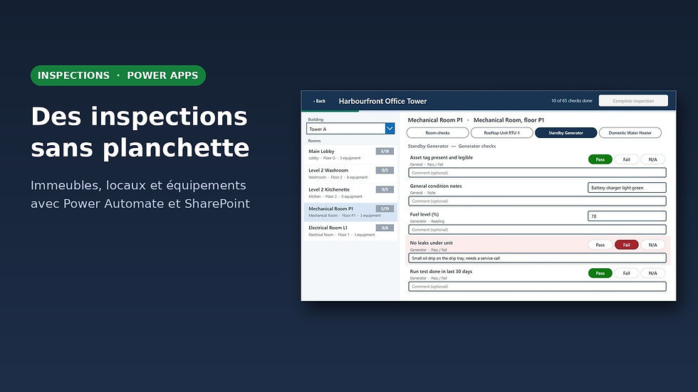 Écran d'accueil d'une application Power Apps d'inspection de sites avec les inspections en retard et à venir