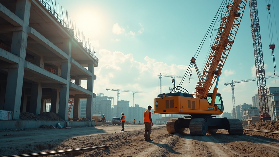 Eye-level view of a construction site with cranes and workers