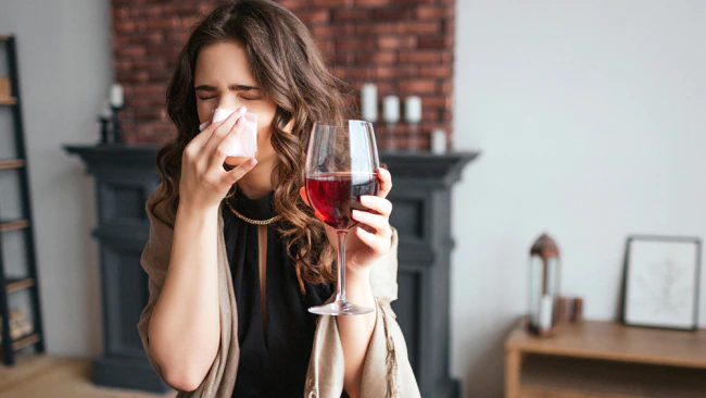 A brunette lady covering her nose with a tissue while holding a glass of red wine