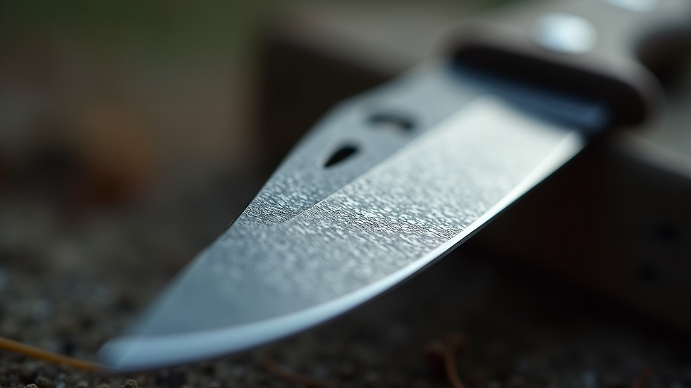 Eye-level view of a hunting knife blade showing detailed steel pattern