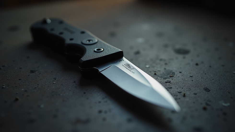 Eye-level view of a tactical OTF knife on a dark surface