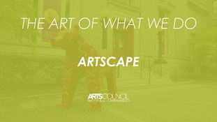 A filtered green image of a large, red metal sculpture of a bear standing in front of a building. The text "THE ART OF WHAT WE DO" is at the top, and "ARTSCAPE" is in the center, with the Arts Council of Fayetteville and Cumberland Co. logo at the bottom.