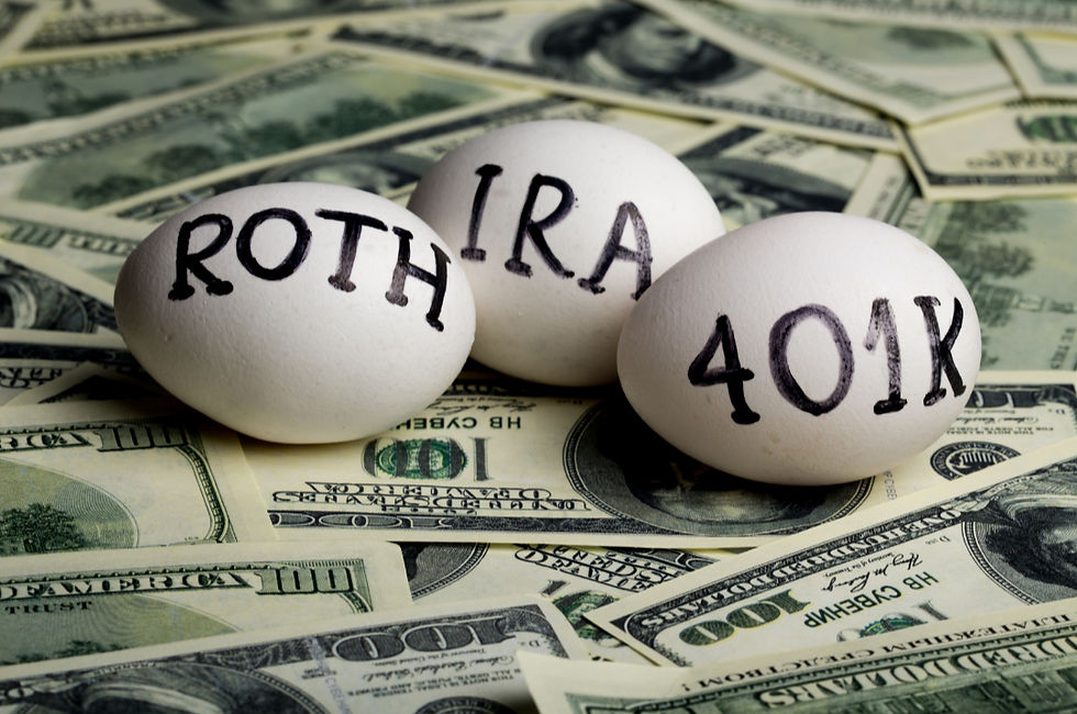 eggs labeled "Roth""IRA" and "401K" sitting on top of $100 bills