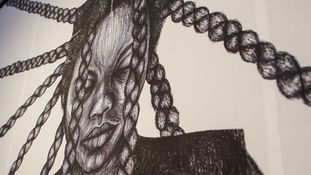 A tightly cropped detail of the ink drawing focusing on the woman's face. She has her eyes closed in a peaceful expression, with fine cross-hatching lines defining the shadows and textures of her skin and braids.