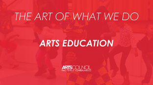 A red-toned, blurry photo shows a group of people dancing, with the text "THE ART OF WHAT WE DO" and "ARTS EDUCATION" in white letters. The "Arts Council Fayetteville-Cumberland Co." logo is at the bottom.