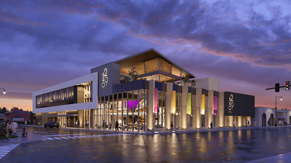Building labeled 1209 Arts at dusk with colorful banners and people walking. Purple sky and streetlights create a vibrant, urban atmosphere.