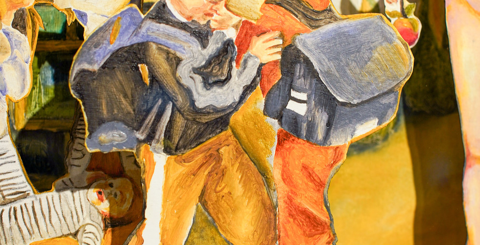 Close-up on the center-left of the diorama, showing two boys in dark and orange clothing wrestling or fighting. They are cutouts painted in a golden-yellow foreground. A blurred nude figure is visible on the far right.