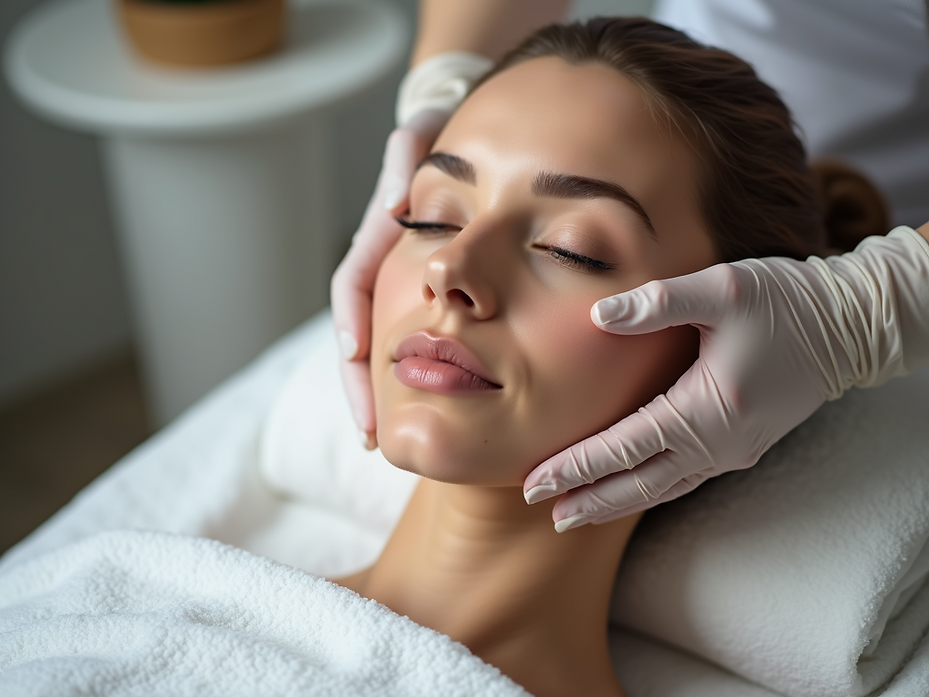 A-serene-close-up-of-a-woman's-face-receiving-a-gentle-facial-treatment-in-a-beauty-clinic