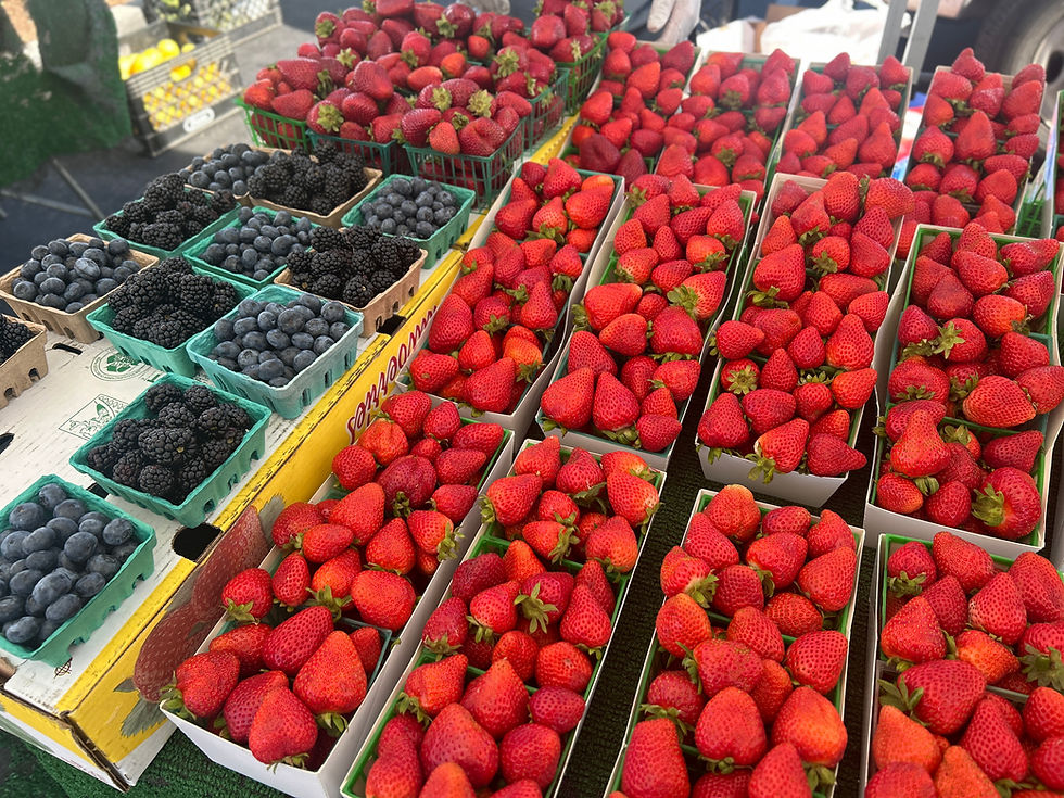 Fresh strawberries, blueberries, and blackberries at the Seal Beach Farmers Market — one of my favorite weekly stops.