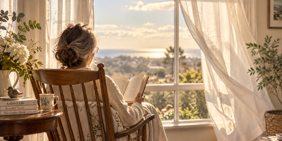 Older woman reading a book in a rocking chair by a sunny window
