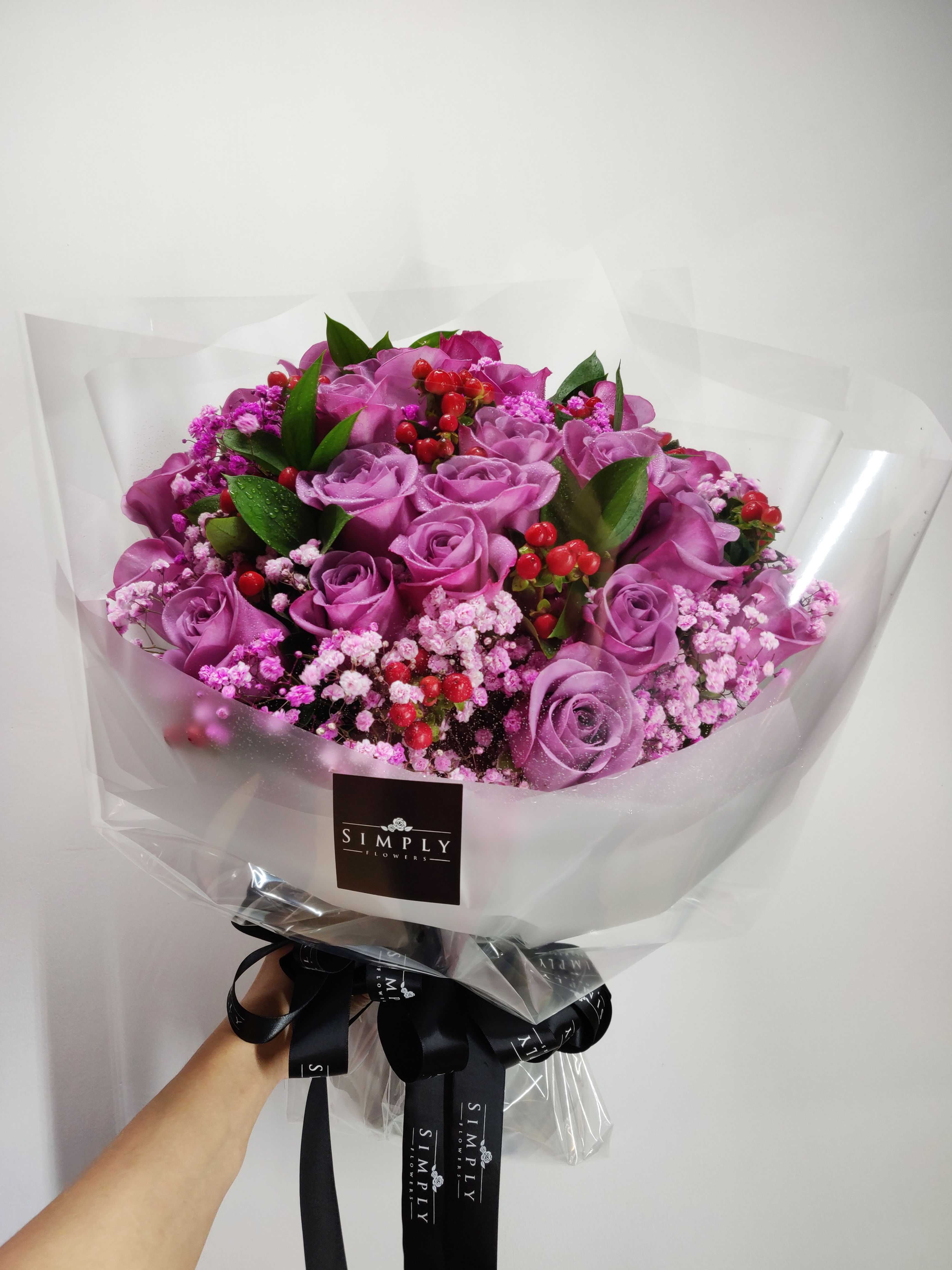 Purple Roses + Hypericum+ Gypsophila Flower Bouquet