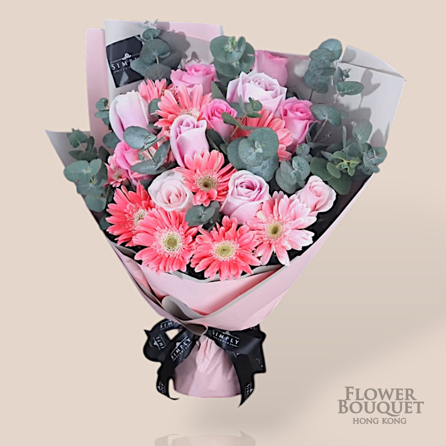 Pink Roses+ Pink Sunflower + Eucalyptus Leaf Bouquet