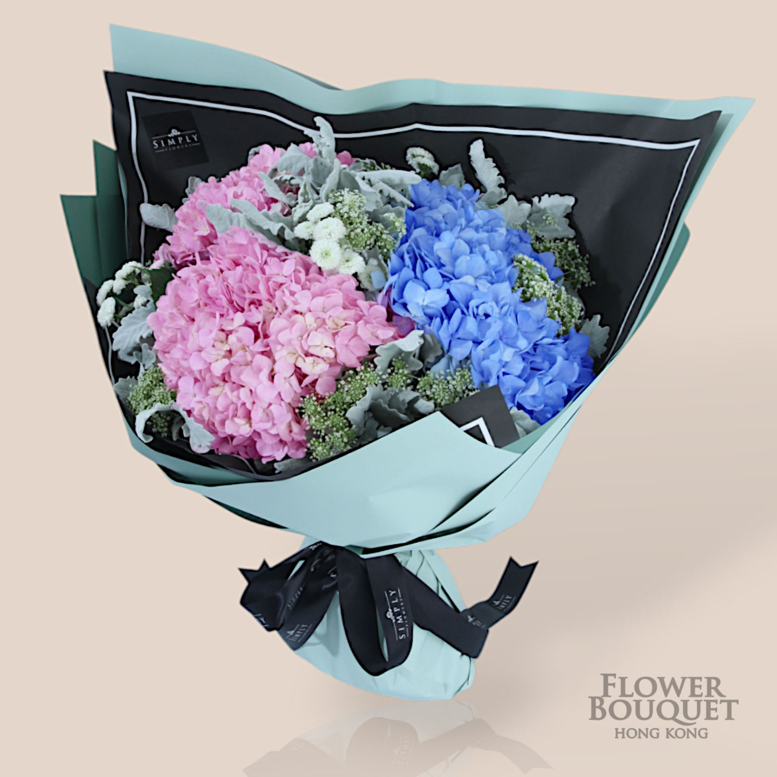 Pink Hydrangea + Blue Hydrangea + Silver Ragwort Flower Bouquet