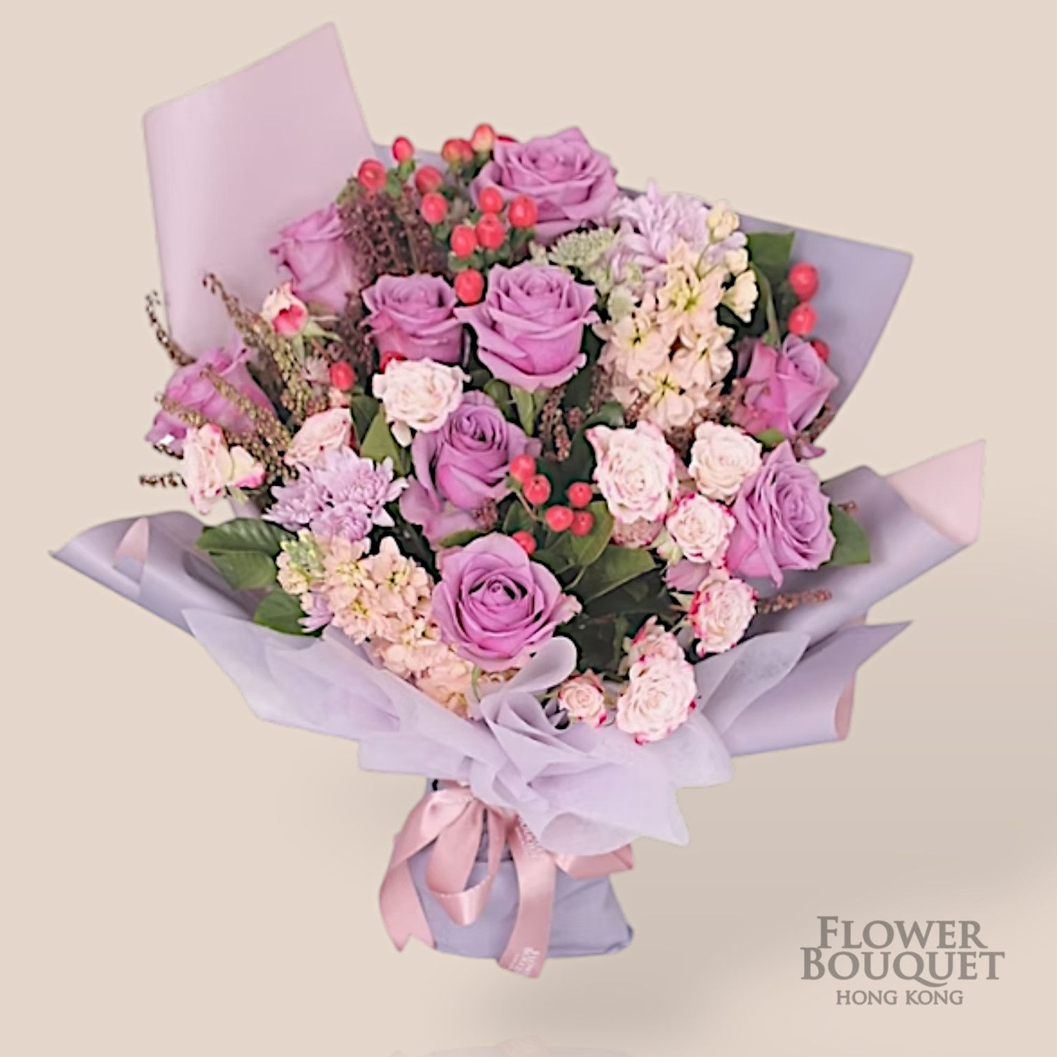 情人節 紫玫瑰 + 紅豆 + 麝香 + 時令襯花 花束