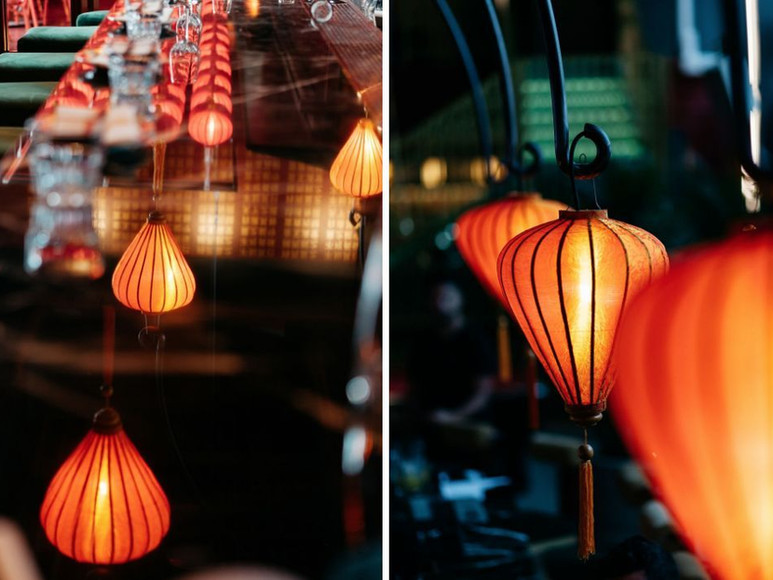 Orange silk lanterns (D31S and D31L) in Ms. Wong, Quebec, Canada