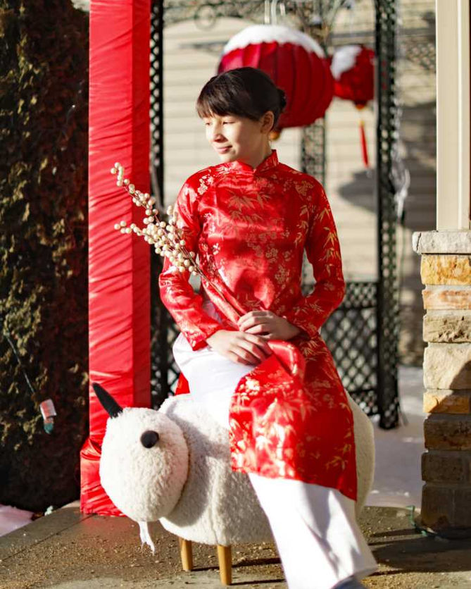 Thumbnail: Red Vietnamese Ao Dai with Bamboo Pattern