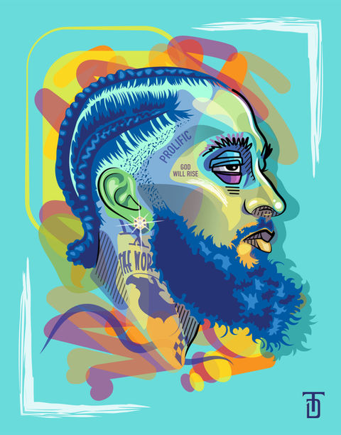 Stylized portrait if the late rapper Nipsey Hussle