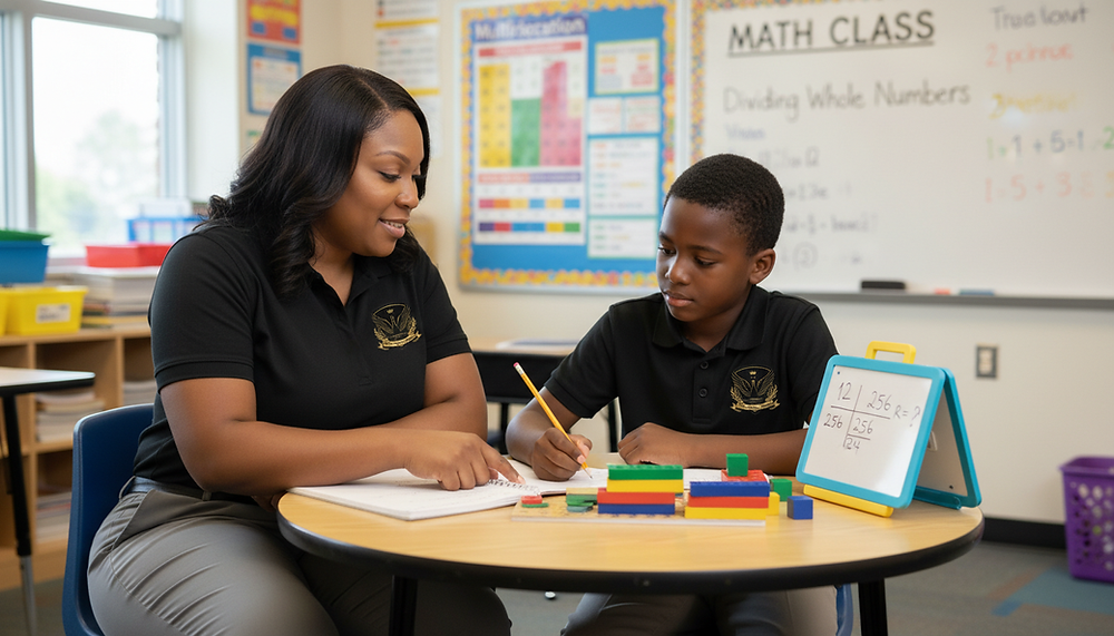 A black teacher and male student doing math work at the Noir Swan Collective.