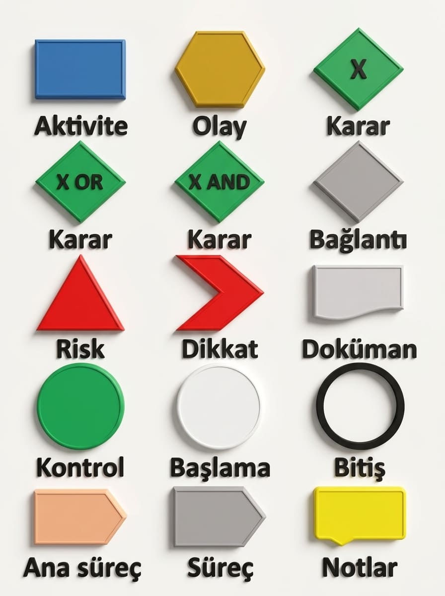 Süreç haritalama ve iş akış diyagramlarında kullanılan aktivite, karar, risk, bağlantı ve doküman gibi temel sembollerin anlamlarını gösteren rehber tablo.