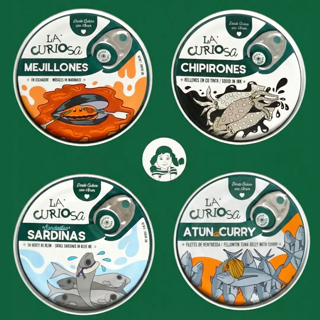 La Curiosa 4 Pack Gift Box featuring canned squid, tuna, sardines, and mussels – premium Spanish tinned seafood selection.