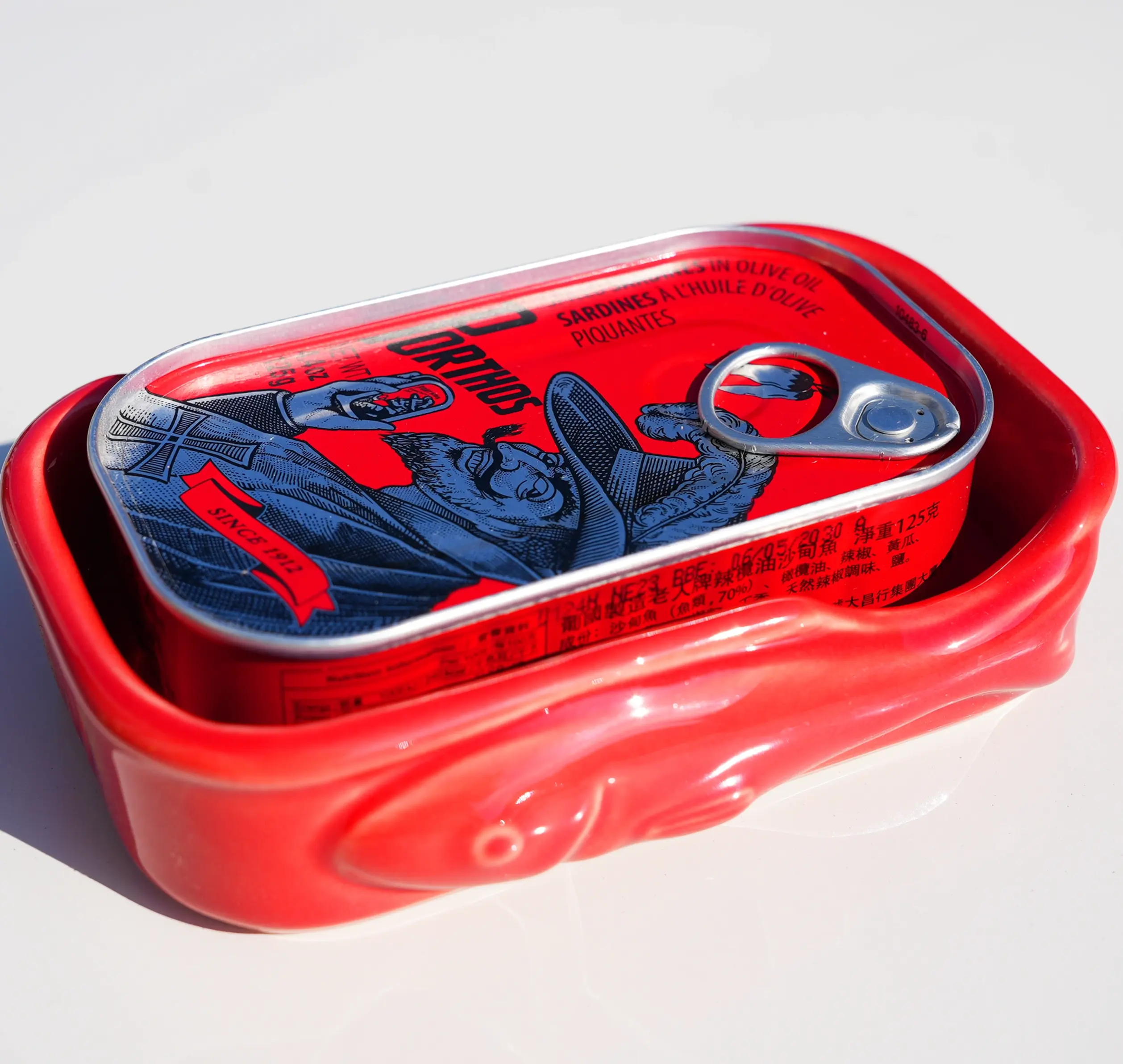 Red Sardine Ceramic holder with Sardines in Chili Olive Oil