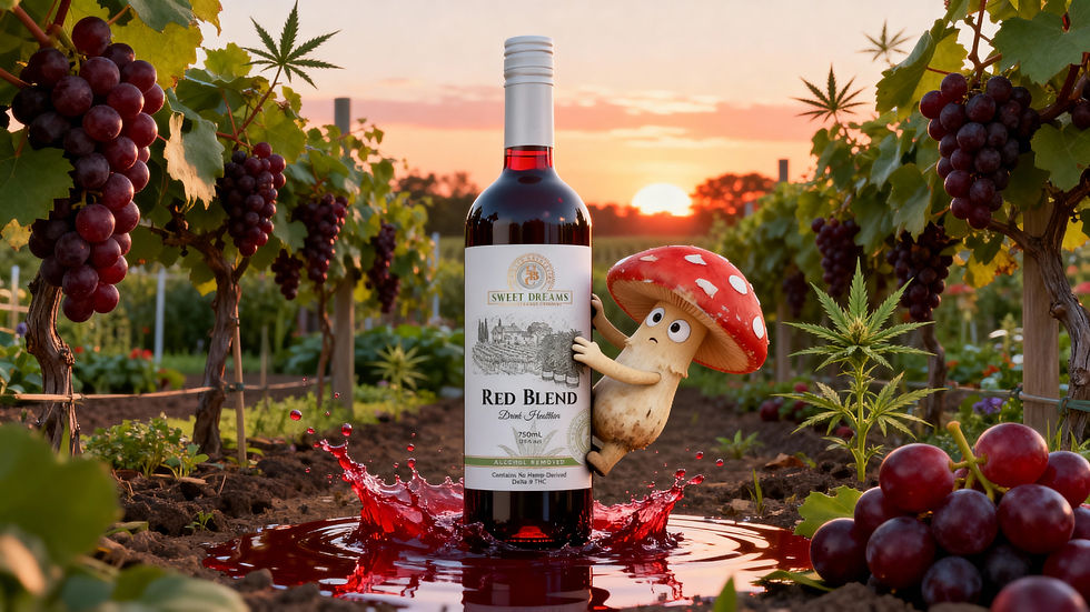 A wine bottle labeled "Sweet Dreams Red Blend" stands in a vineyard at sunset. A cartoon mushroom hugs it, splashing red liquid. Grapes and leaves surround.