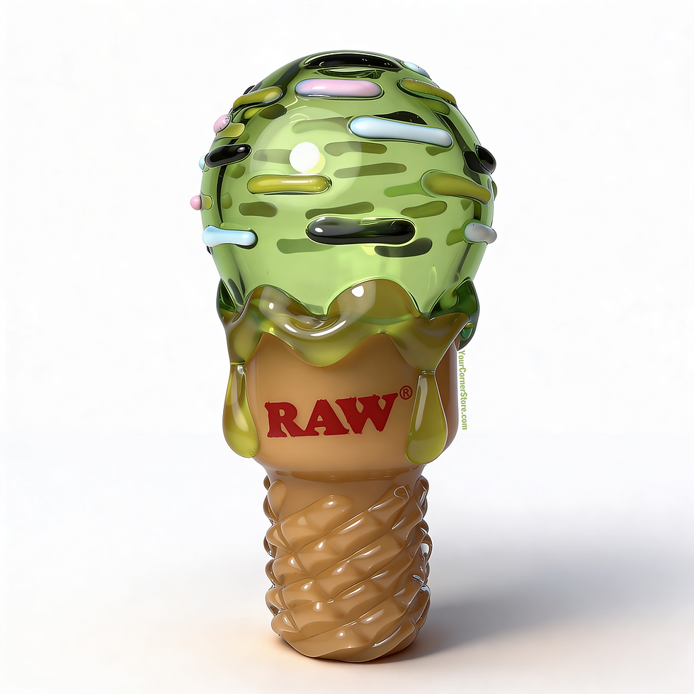Green glass ice cream cone with colorful drips, branded "RAW" on a light background. Reflective, glossy texture, whimsical mood.