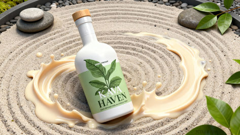 Bottle of "Kava Haven" non-alcoholic spirit on sandy zen garden with stones. Creamy splash surrounds the bottle. Green leaves accent the label.