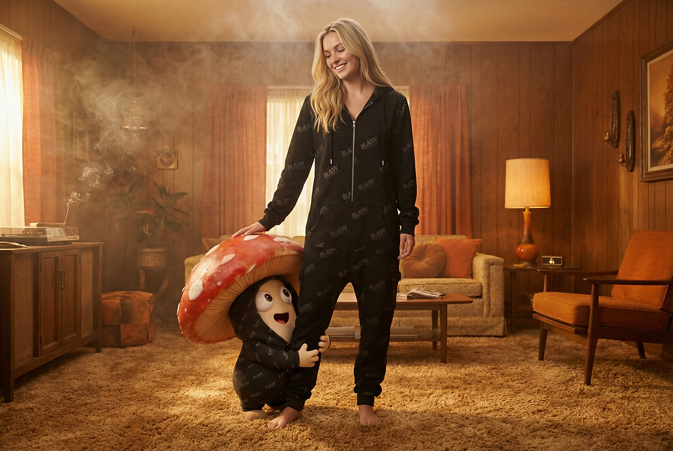 Woman in black RAW spacesuit onesie smiles in a cozy, wood-paneled room with orange accents. A mushroom character hugs her leg playfully amidst smoky ambiance.
