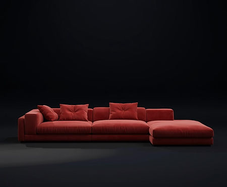 3D rendered modern L-shaped sectional sofa in warm coral red color, contemporary minimalis