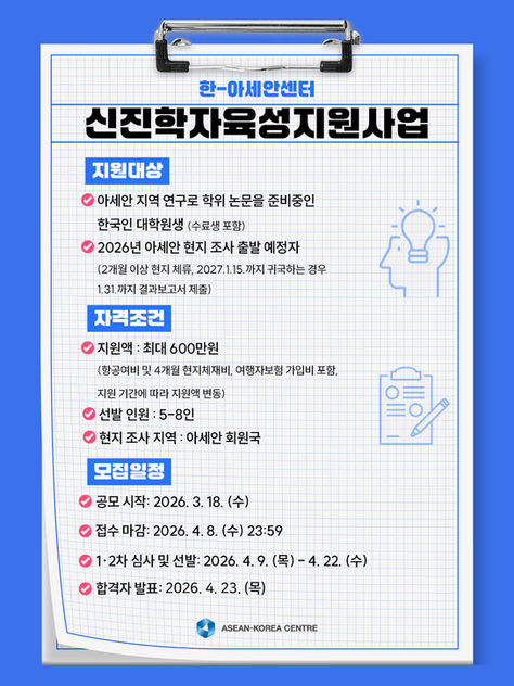 2026 한-아세안센터 신진학자육성지원사업 공모