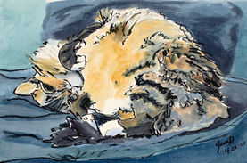 Painting of Cat Sleeping, Ink and Watercolor, 8”x10”