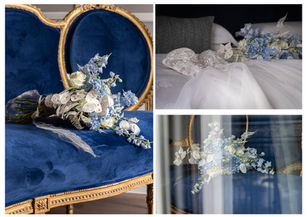 Collage des Brautstrauß auf dem Sofa, Bett, durch das Fenster