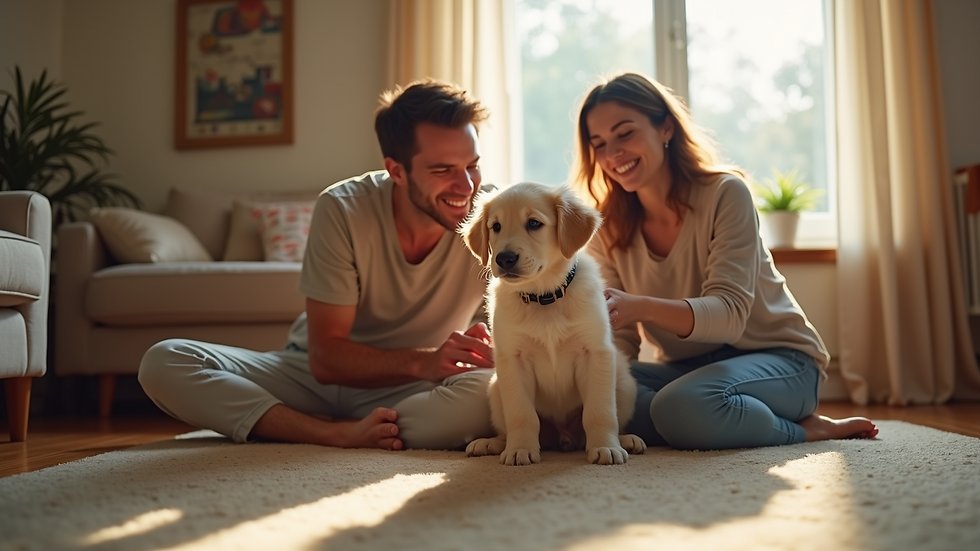 High angle view of a happy family playing with their new puppy in the living room