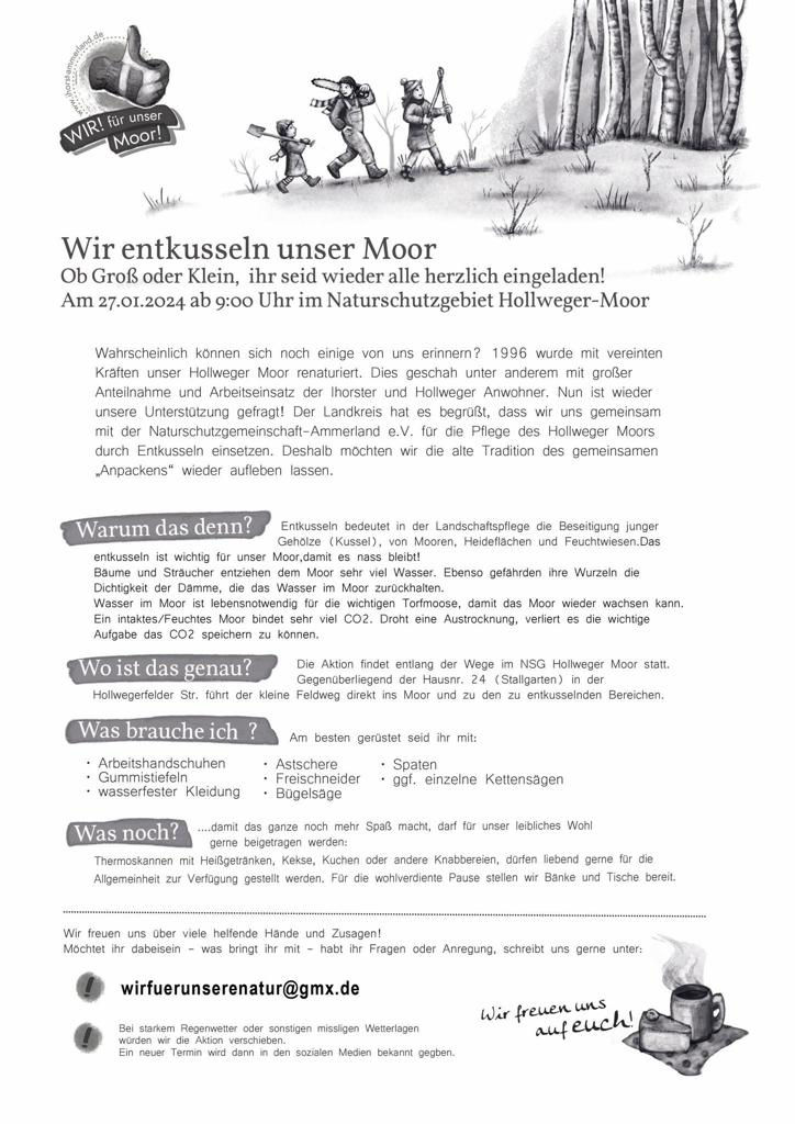 Ein schwarz-weißer Flyer für eine Moor-Entkusselungsaktion mit einer Illustration von Menschen, die in einem Waldgebiet arbeiten. Überschrift: 'Wir entkusseln unser Moor'. Details zum Event am 27.01.2024 um 9:00 Uhr im Naturschutzgebiet Hollweger-Moor werden aufgeführt, inklusive Informationen, was benötigt wird und wo genau die Aktion stattfindet. Der Flyer enthält auch Kontaktinformationen und eine Einladung zur Teilnahme.