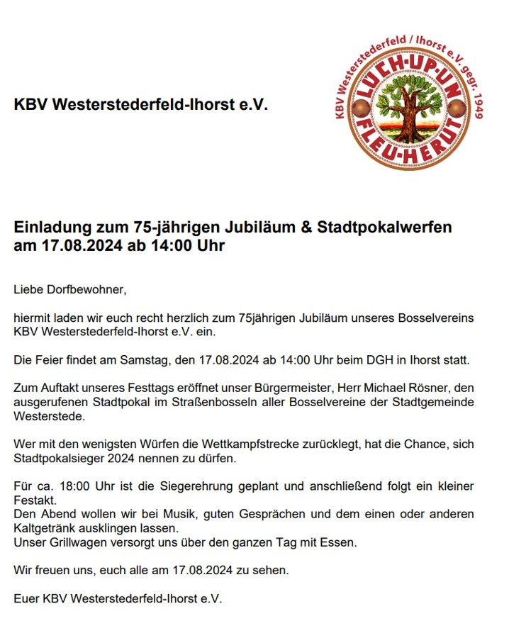 Einladung zum 75-jährigen Jubiläum & Stadtpokalwerfen des KBV Westerstederfeld Ihorst in der Stadt Westerstede im Landkreis Ammerland