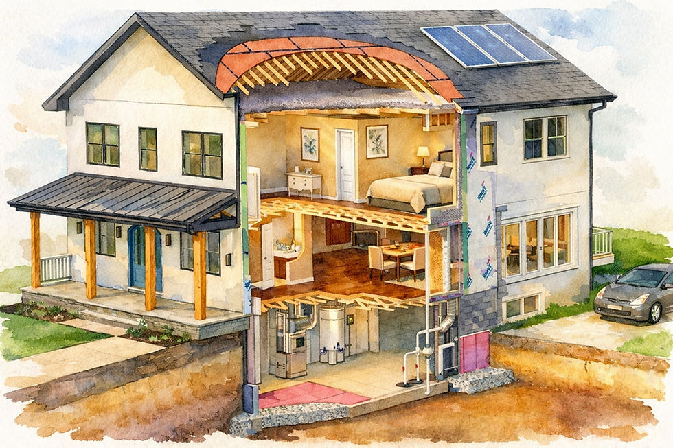 illustrated cut away image of a custom high performance home showing construction details inside the walls