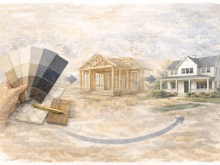 watercolor style image showing design, to home framing, to finished home; representing the time it takes to build a custom home