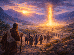 Illustration of the Israelites journeying through the wilderness toward a glowing pillar of fire and cloud, symbolizing God guiding His people through the desert.