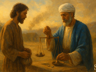 A warm, painterly scene of a priest weighing silver coins on a balance scale while an Israelite offers restitution, with desert mountains and tabernacle smoke in the background.