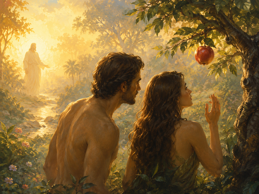 Adam and Eve in the Garden of Eden looking toward the forbidden fruit, illustrating free will, the fall of humanity, and the origin of suffering and evil in Christian theology.
