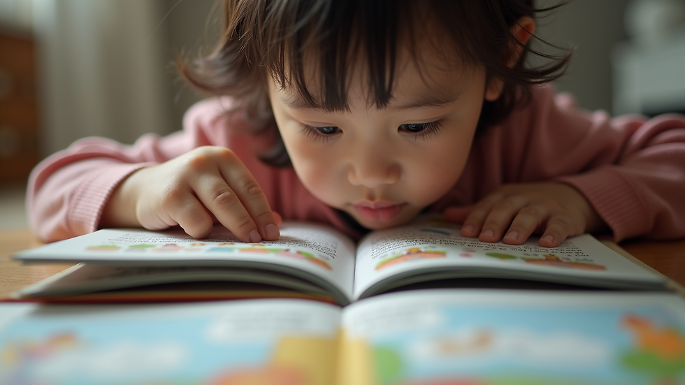 Eye-level view of a child reading a bilingual book with colorful illustrations