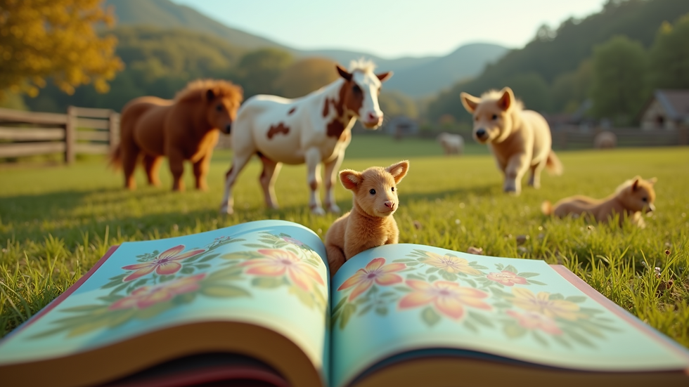 Eye-level view of a colorful children's book featuring ranch animals