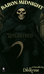 Cover of “Baron Midnight: Unearthed” — a dark fantasy novella by Dblkrose, featuring a skeletal figure in a hooded cloak hold