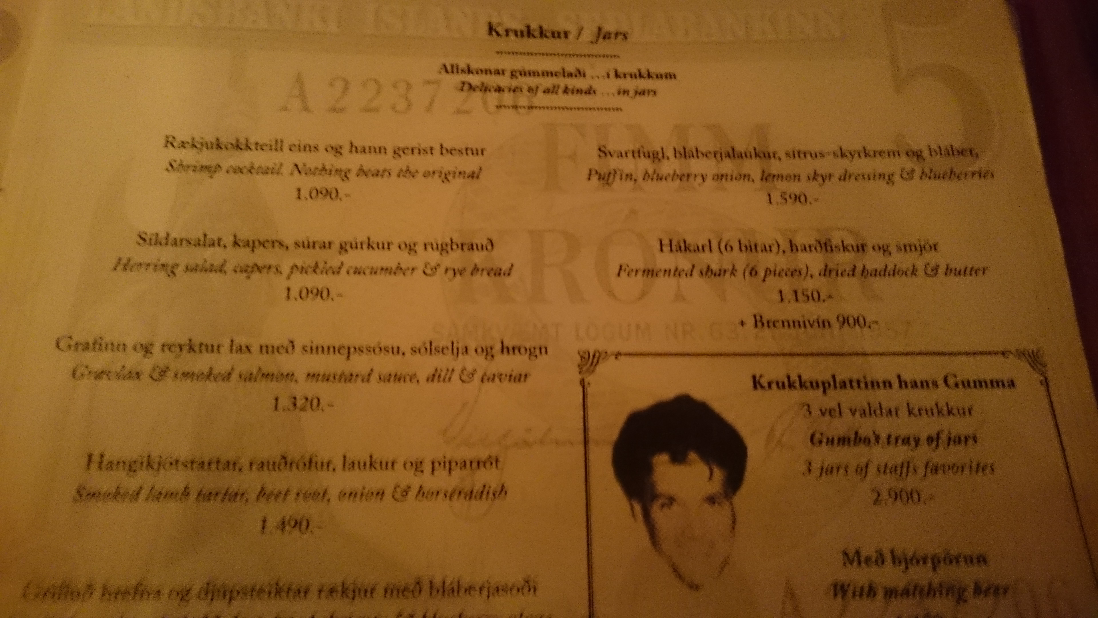 Menu of local Icelandic delicacies