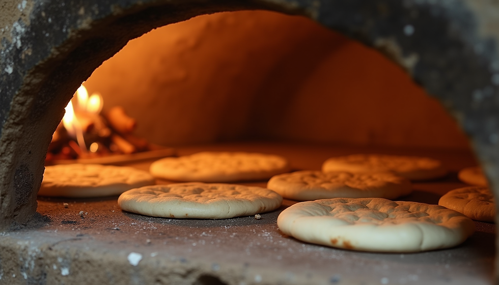 Close-up view of freshly baked Arabic bread in a clay oven